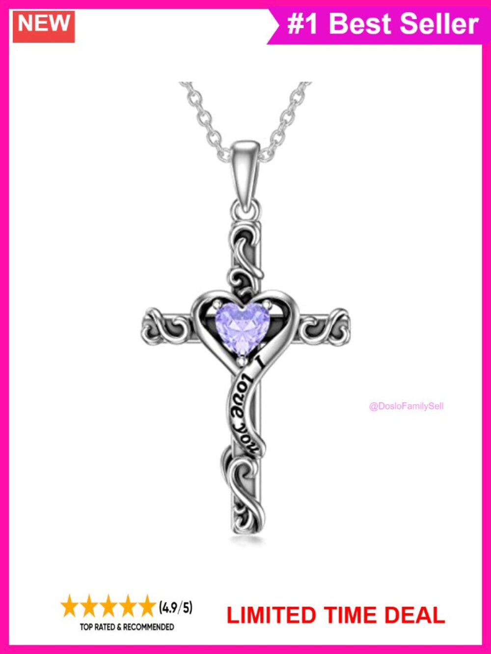 Sterling Silver Cross Birthstone Necklace Heart Pendant I Love You Gift